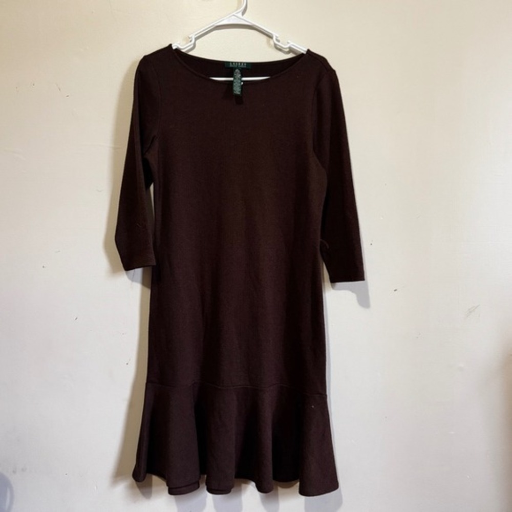 Lauren Ralph Lauren Brown Herringbone Knit Ruffle Hem Sheath Dress Women M VTG